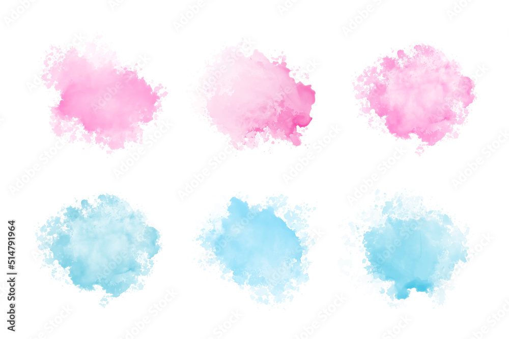Abstract pink and blue watercolor water splash set on a white background. Vector watercolour texture in rose and blue color. Ink paint brush stain. Pink and cyan soft light splash