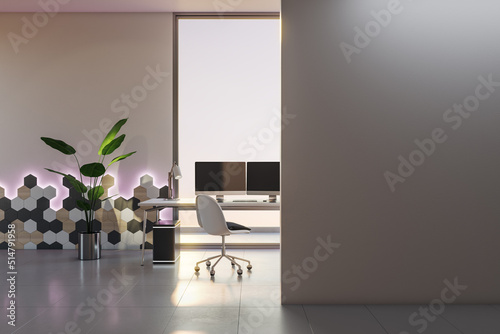 Front view on blank wall for poster or advertising banner in stylish light interior office room with modern computers on workspace table and purple light decorated wall. 3D rendering, mockup