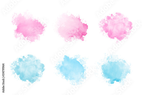 Abstract pink and blue watercolor water splash set on a white background. Vector watercolour texture in rose and blue color. Ink paint brush stain. Pink and cyan soft light splash