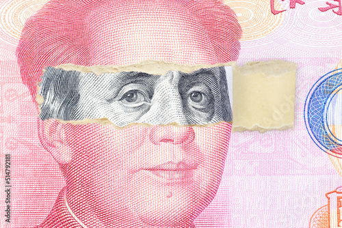 Trade tension or trade war between US and China, two nation conflict, world financial concept : Banknotes of USA and China yuan with a paper peel that reveals a portrait of Mao Zedong and US president photo