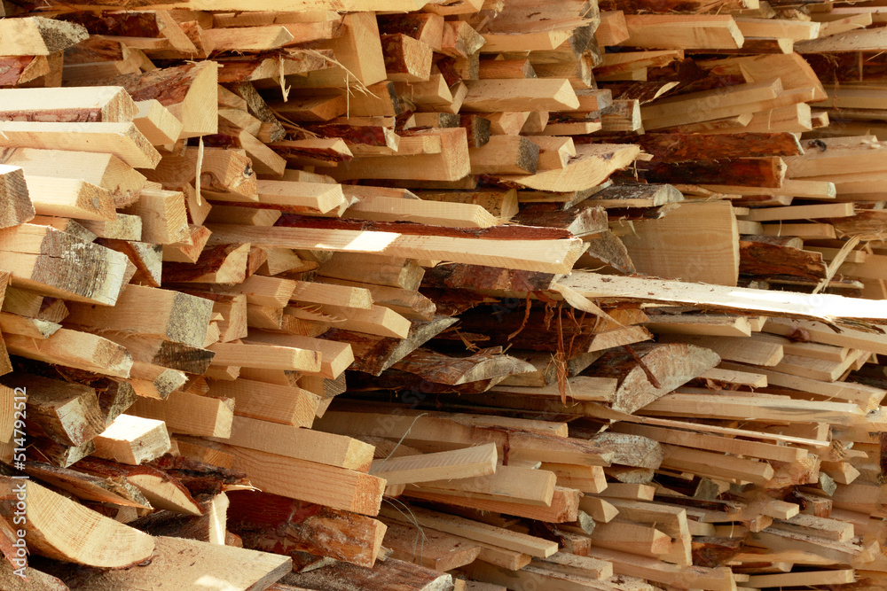 Waste from woodworking before recycling. Wood waste is used in the furniture industry, the construction industry or as fuel.