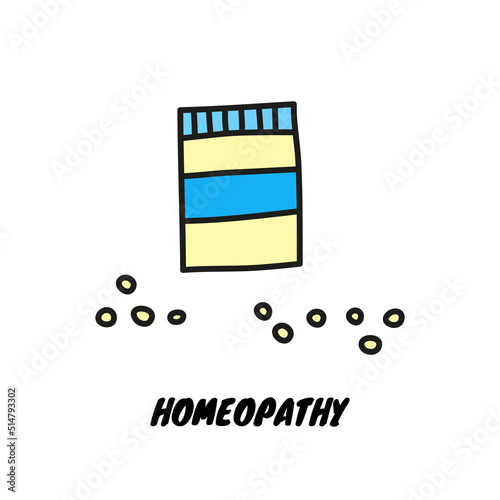 Doodle homeopathic bottle with pills.