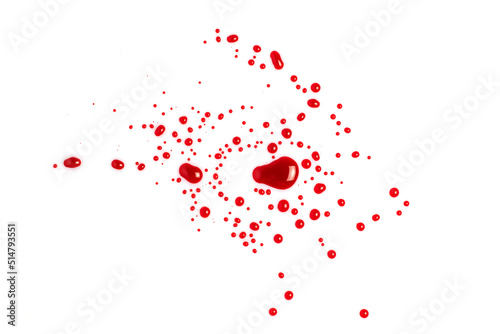 Blood splashed isolated on white background close up