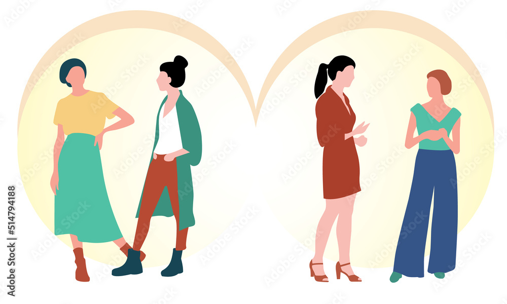 Four young women or girls dressed in fashionable clothes stand together. A group of friends or feminist activists. Female characters isolated on a light gradient background. Flat color vector illustra