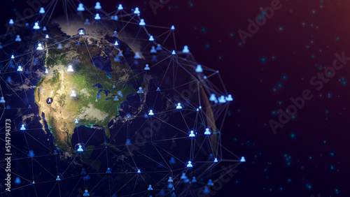Connecting people network and global earth connection. Social media and Network community concept. Global business  internet technology  IoT. 3D Rendering.Elements of this image furnished by NASA.