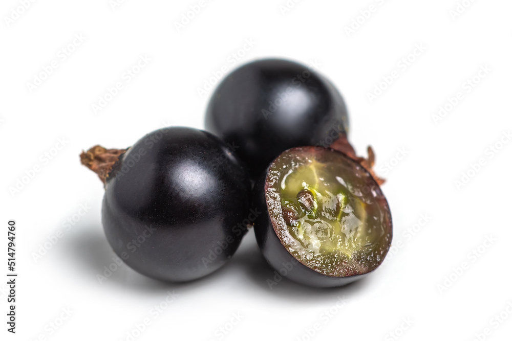 Group of black currants, one sliced in half close up Group of black currants, one sliced in half close up
