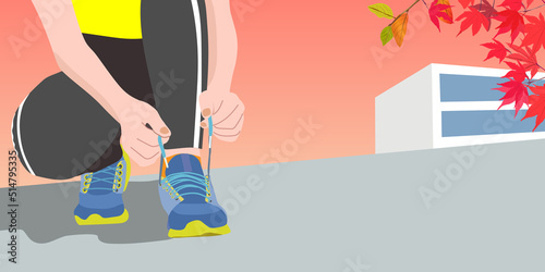A runner crouching against the backdrop of the autumn leaves and tying the laces on his running shoes. vector illustration, banner template, copy space