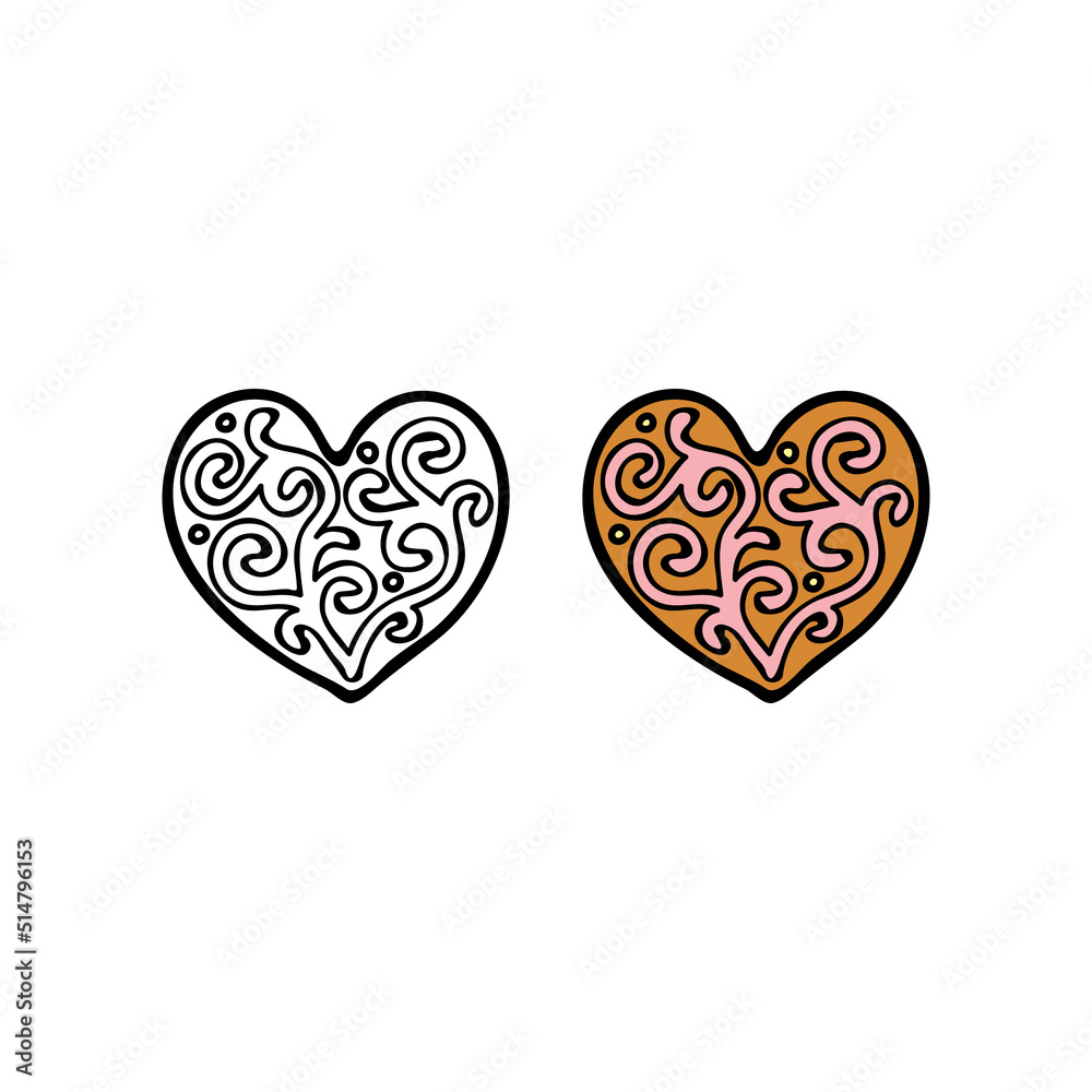 Doodle outline and colored heart shaped cookie. Doodle outline and colored heart shaped cookie.