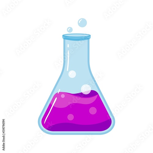 Laboratory glass flask with chemical purple liquid, scientific object vector icon illustration isolated