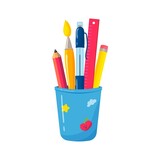 School or office Cup for pens and pencils. Colorful flat vector illustration. Pen, brush, pencils, and ruler stationery holder.