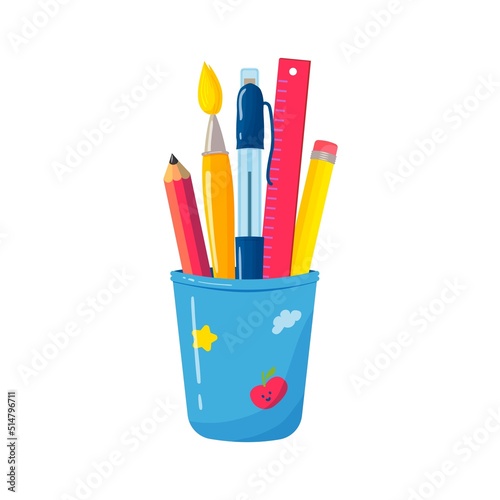 School or office Cup for pens and pencils. Colorful flat vector illustration. Pen, brush, pencils, and ruler stationery holder.