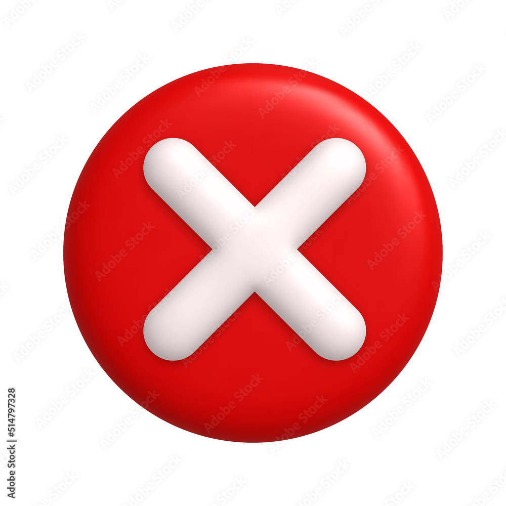 White cancel cross mark icon on round red button. 3d realistic design element. White cancel cross mark icon on round red button. 3d realistic design element.