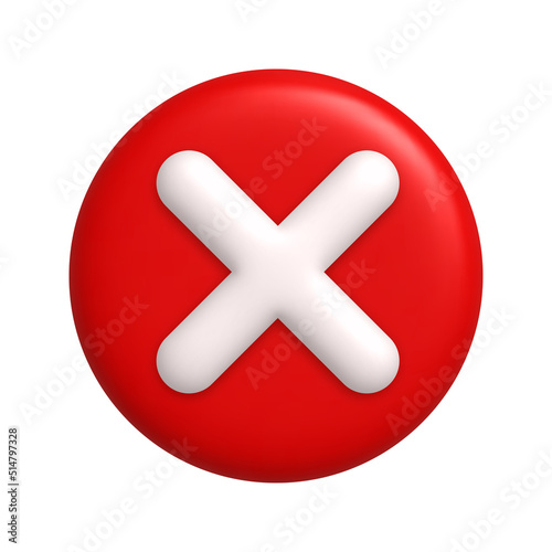 White cancel cross mark icon on round red button. 3d realistic design element.