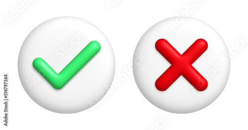 Red cancel cross mark and green checkmark icons on round white buttons. 3d realistic design element.