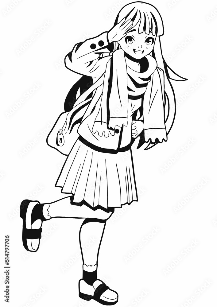 A cute schoolgirl girl in a school uniform, wearing a scarf, skirt, shoes, long blond hair drawn in the style of Japanese manga comics, standing on one leg A cute schoolgirl girl in a school uniform, wearing a scarf, skirt, shoes, long blond hair drawn in the style of Japanese manga comics, standing on one leg