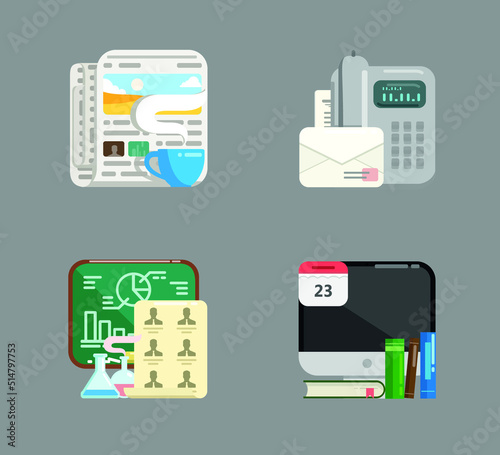 Illustration icons News, Communication, study and Daily routine. 4 illustrations