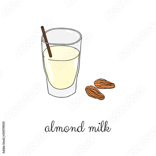 Hand drawn almond milk in glass.