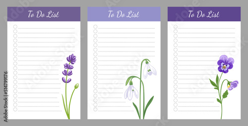 Set of planners and to do list, decorated with flowers. Template for agenda, schedule, checklist, notebook, card. Wish list collection with wildflowers. Journal and planner design vector illustration.