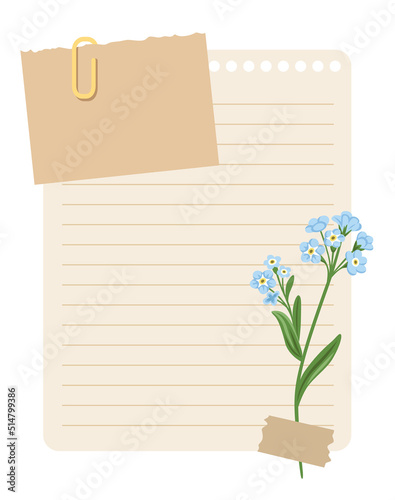 Vintage wish list template decorated with forget-me-not flower. Printable to do list, business organizer page, paper sheet. Journal and planner design vector illustration.