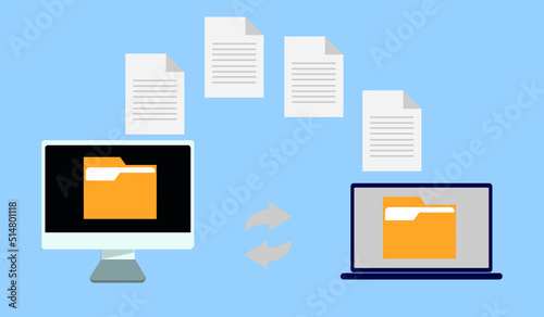 File transfer. Two computers with files on blue background, folder or documents transferring between each other. Transfer of documentation. File sharing concept.