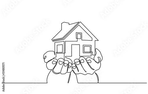 Continuous one line drawing of a hands holding a miniature house. Hand-carried small house miniature, perfect for real estate home sales marketing in doodle style