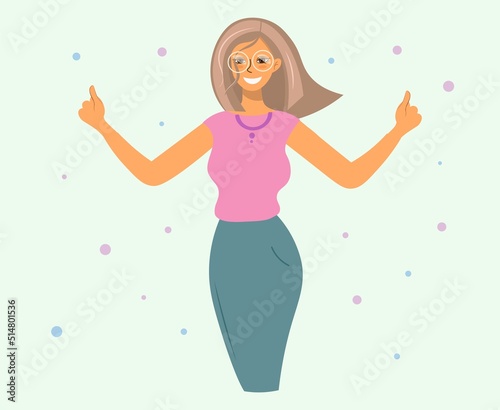 Cartoon character of a woman smiling and making a good gesture. Flat vector design. Happy successful girl raises her hands celebrating success. The concept of human emotions, positive mood, joy.