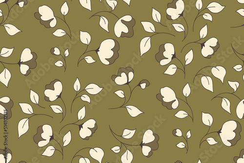 Seamless floral pattern, liberty ditsy print in retro style. Simple botanical background design with small line flowers, leaves on tiny twigs. Trendy surface decor. Vector illustration.