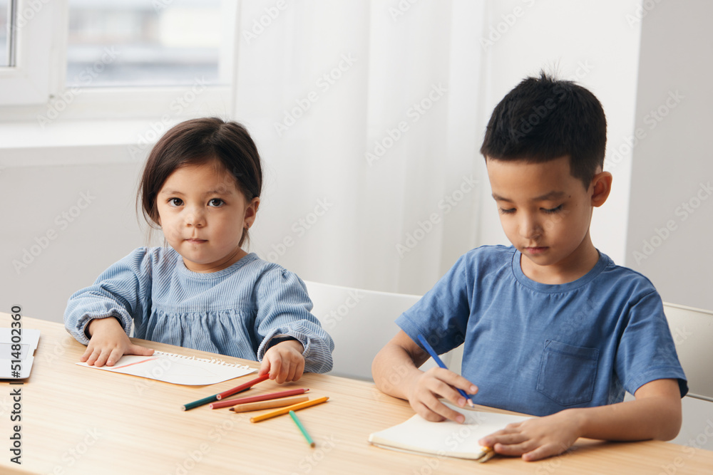 brother and sister of preschool age sit at the table and draw brother and sister of preschool age sit at the table and draw