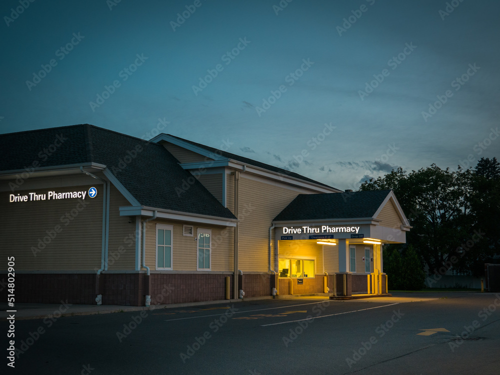 US Small Town Drive-Thru Pharmacy at dawn