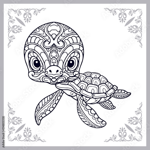 Colorful sea turtle cartoon zentangle arts. isolated on white background. photo