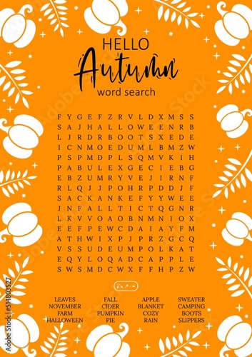 Hello Autumn word search puzzle for children or adults. Crossword activity printable game for learning English words. Suitable for social media post. Educational worksheet. Learning seasons.