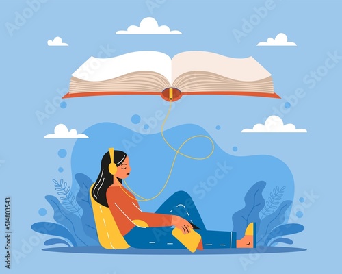 Audiobook. Online Library, young girl in headphones with book, listening audio, education and e-learning, online media. Enjoying literature and learning, vector cartoon flat concept