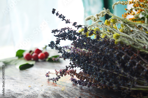 Wild flowers on wooden background close up. High quality photo