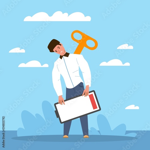 Burnout. Overwork man feeling exhausted with low battery, tired sad person standing, unhappy stressed businessman or student. Professional burnout syndrome vector cartoon flat concept