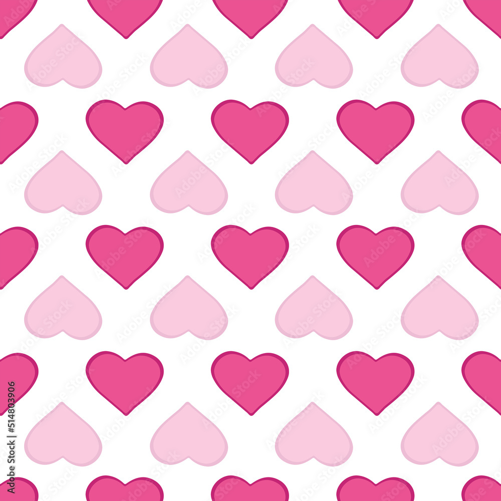 Seamless pattern with heart shape pink elements on white background.