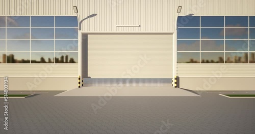 3d rendering of exterior commercial building, roll up metal door or roller shutter. May called modern factory, warehouse, hangar, shop and garage. Include empty concrete floor for industial background photo