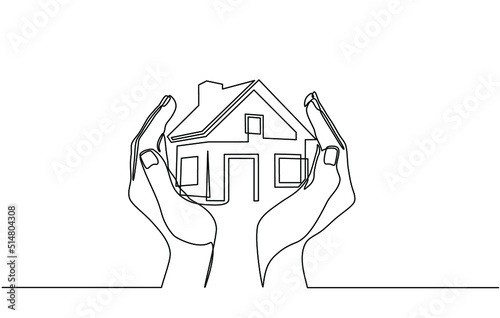 Continuous one line drawing of a hands holding a miniature house. Hand-carried small house miniature, perfect for real estate home sales marketing in doodle style