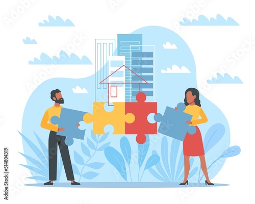 Cooperation in construction business, unification in work. Man and woman hold puzzle pieces, joint efforts to build house, family mortgage. People collaboration. Vector teamwork concept photo