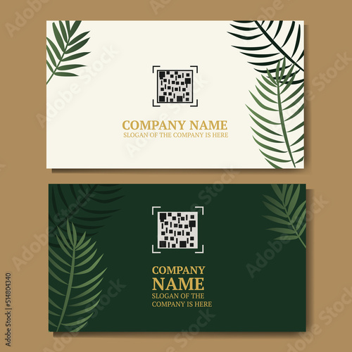 white and green business card with green palm leaves, with a place for a qr code, for your company or brand, vector illustration