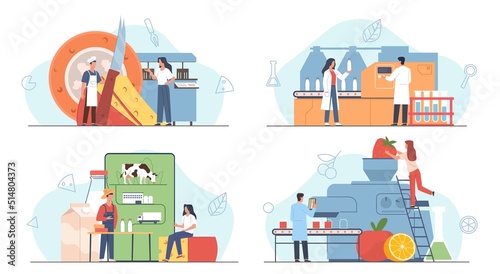 Dairy production industry. Agricultural goods creation process, food sector worker, making milk and cheese, fruit yogurt, healthy products. Manufacturing nowaday vector cartoon flat set