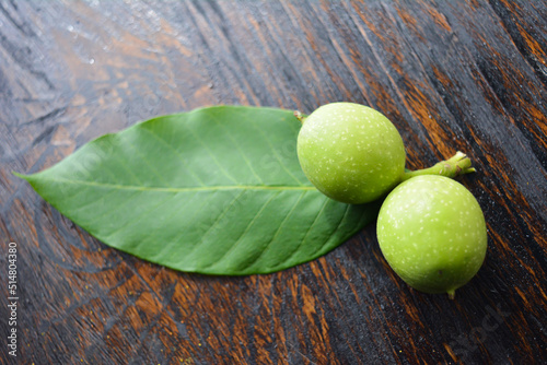 Photo of a walnut with leaves. Wildlife. Photo of nuts on a tree. Healthy lifestyle. Organic food. 