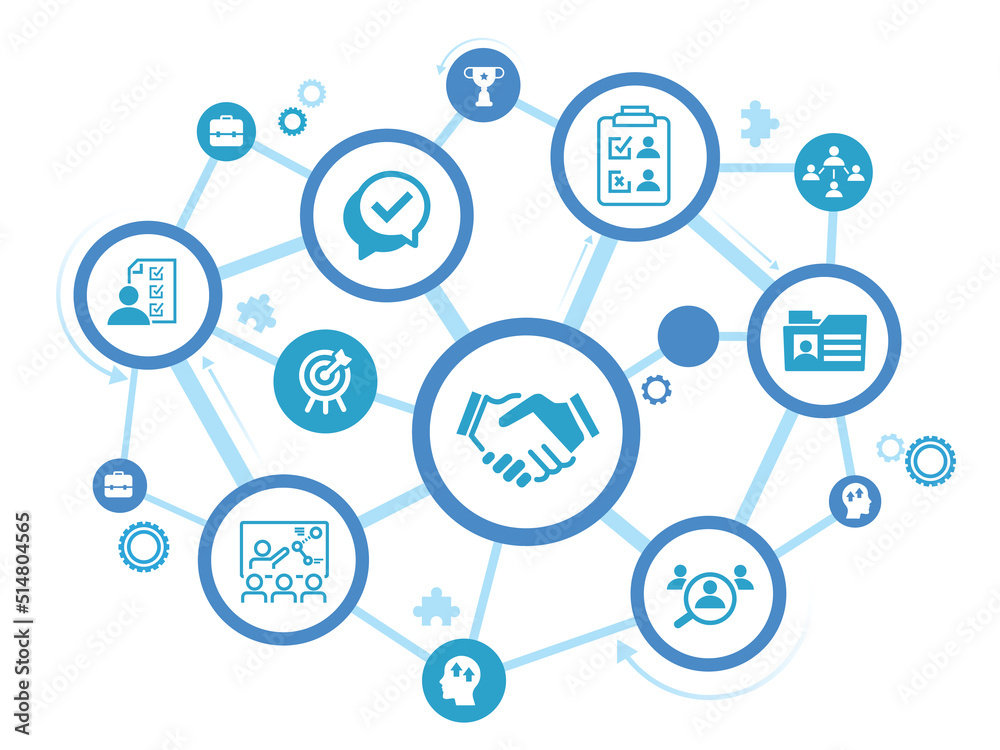 Onboarding vector illustration. Concept with connected icons related to welcoming new hire, welcome culture in the company, employee satisfaction, talent retention, workforce training. Onboarding vector illustration. Concept with connected icons related to welcoming new hire, welcome culture in the company, employee satisfaction, talent retention, workforce training.