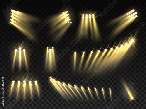 Football stadium lights. 3d warm spotlights, bright yellow studio lamps, stage projectors, party isolated floodlights, different direction projector utter vector isolated set