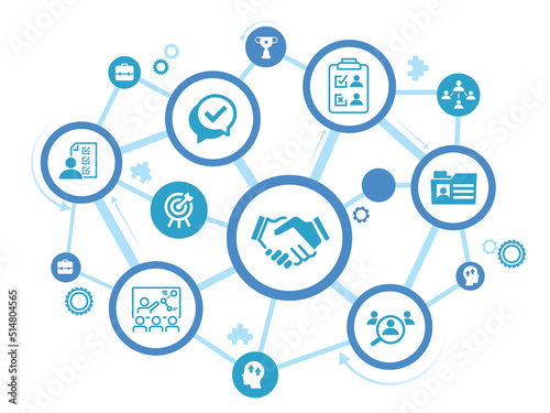 Onboarding vector illustration. Concept with connected icons related to welcoming new hire, welcome culture in the company, employee satisfaction, talent retention, workforce training.