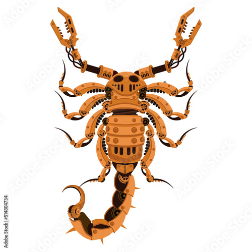 Robot scorpion in steampunk style. Vector illustration on a white isolated background.