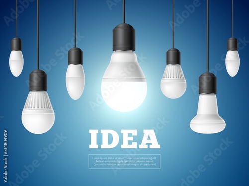 Idea light bulb. Realistic modern interior lamps, brainstorm and sudden thought, electric glowing element, on and off objects, creative thinking, banner or poster, utter vector concept
