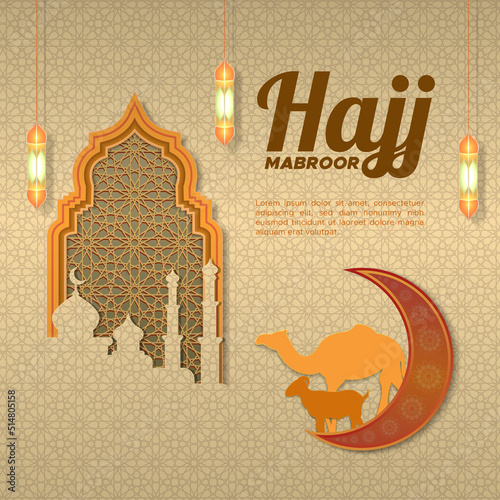 Hajj mabroor islamic pattern background with mosque gate and sacrificial animal