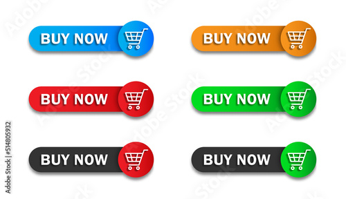 Buy now button with shopping cart icon. Buy now signage. Flat vector illustration.