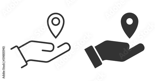 Pin point logo on a hand. Palm and location icon. Destination symbol. Vector illustration.