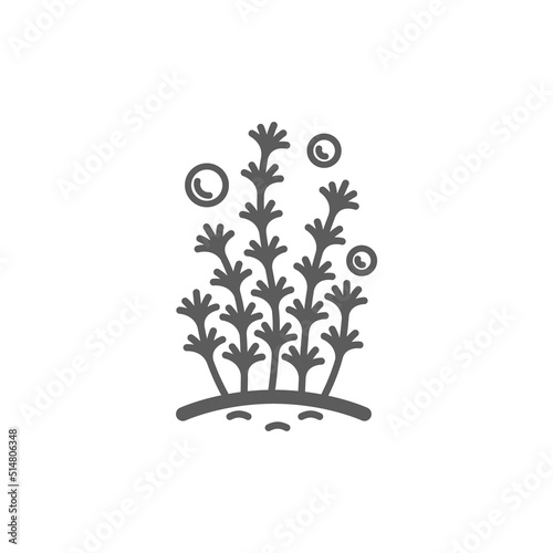 Vector linear aquarium algae with bubbles icon. Isolated black pictogram with a water plant on a white background. Outline sign for web. Ambulia illustration